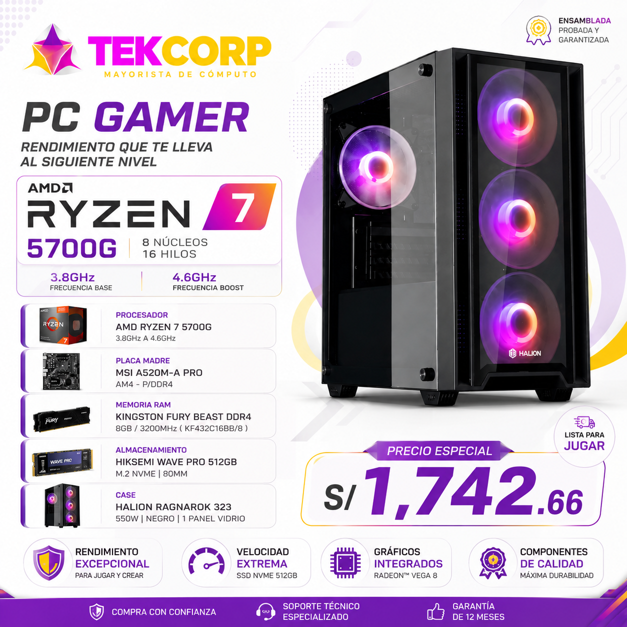 Computadora AMD Ryzen 7 5700G 8GB SSD 512GB Gamer