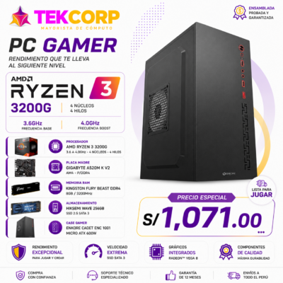 COMPUTADORA RYZEN 3 3200G – PLACA A520M – MEMORIA RAM 8GB – SSD M.2 DE 256GB – CASE C/FUENTE DE 230W