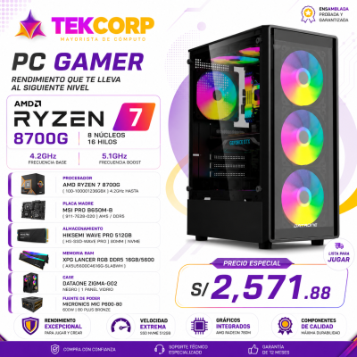 Computadora AMD Ryzen 7 8700g + Placa b650m + 16gb ddr5 5600 + ssd m.2 512gb + Case Gamer Zigma + Fuente 600W Certificado