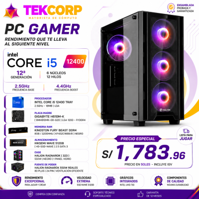 Computadora INTEL Core i5 12400 + placa h610 + Memoria de 8gb + ssd de 512gb +case Gamer 550w Reales